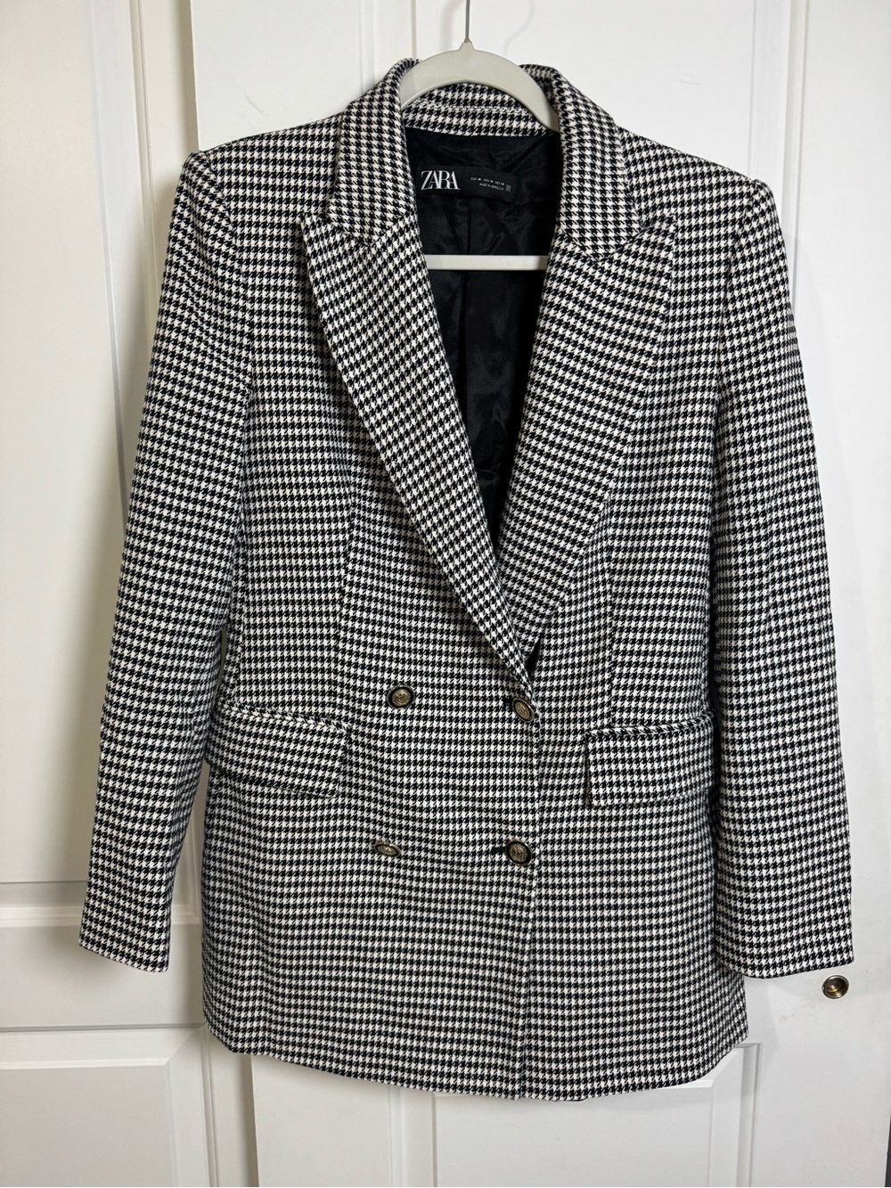 Zara Women’s Houndstooth Double Breasted Blazer Black White Size M Jacke